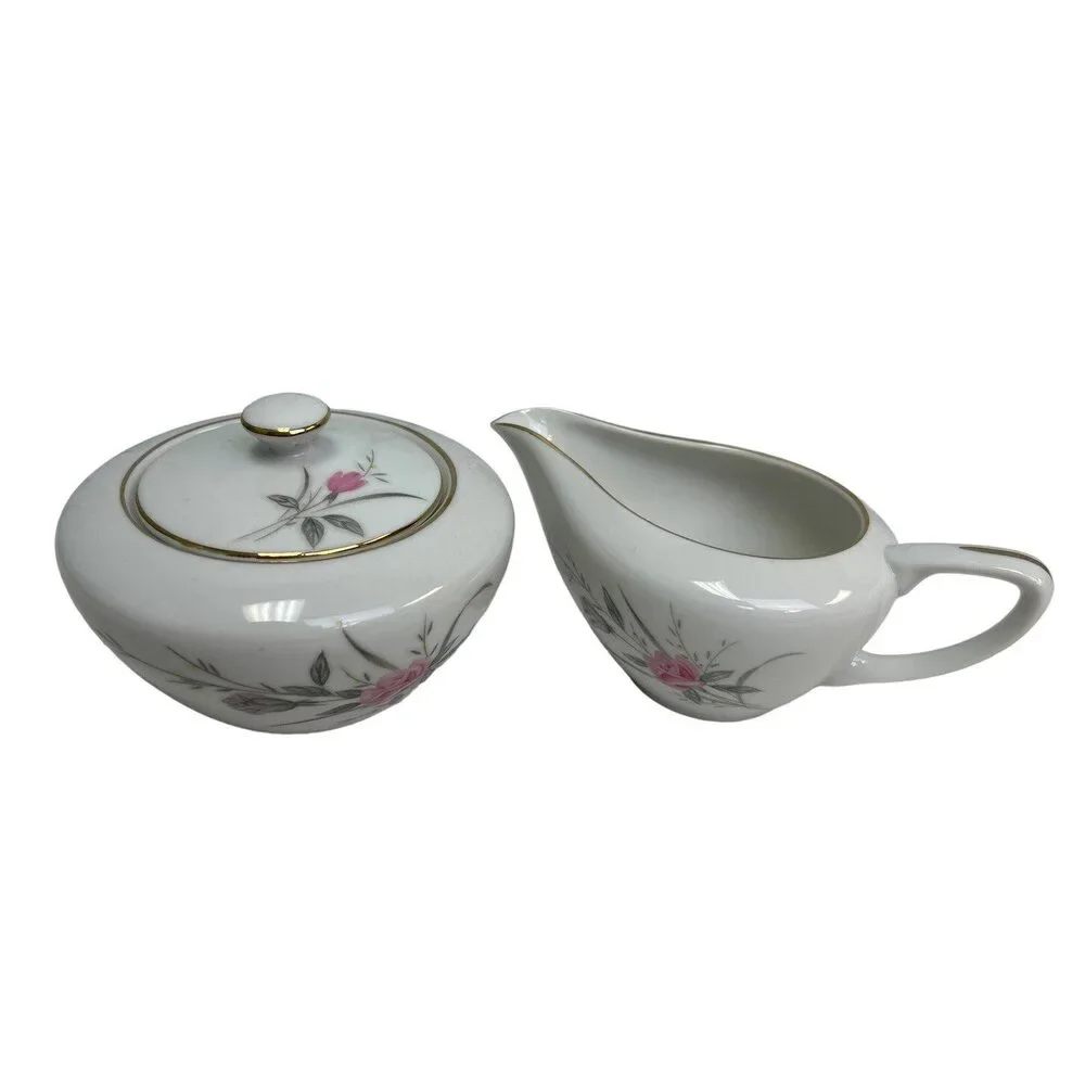 Vintage Golden Rose Fine China Japan Creamer Sugar Bowl w Lid Small Chip